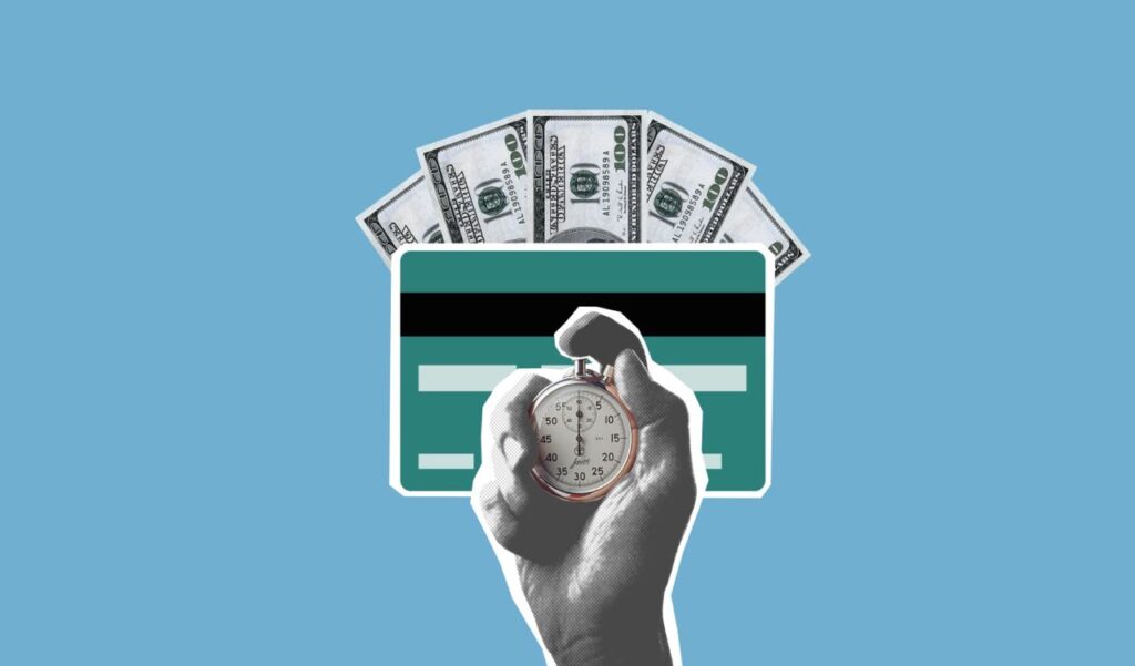 best mortgage lenders for bad credit: hand holding a stopwatch over a card and dollar bills